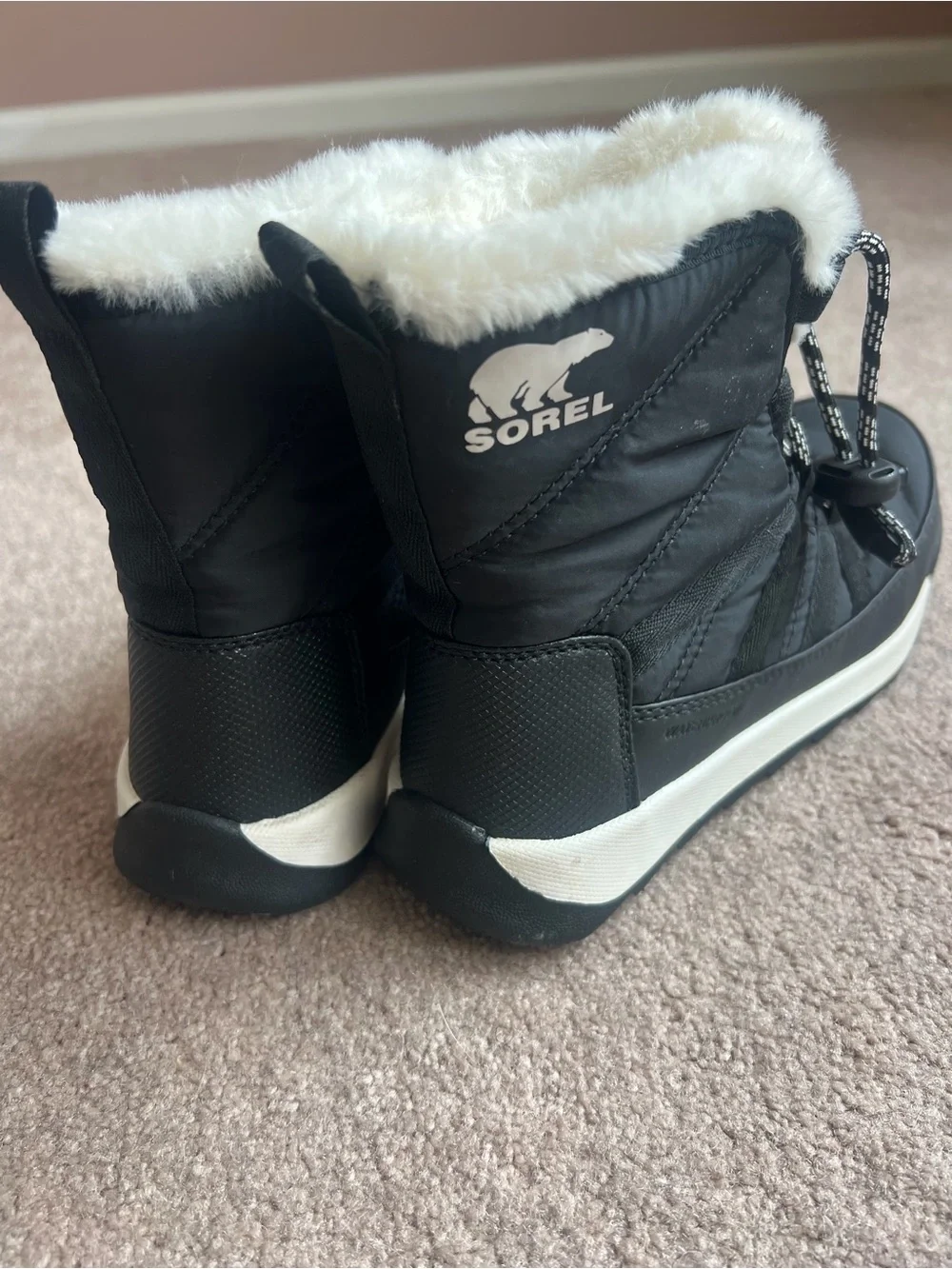 Sorel Black Winter Lace-Up Boots with White Faux Fur Trim